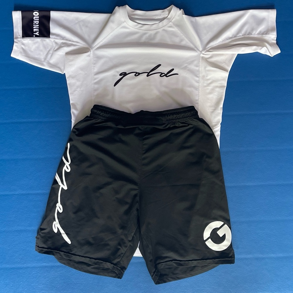 Gold BJJ No-Gi Bundle – Black Shorts M & White Rash Guard L Short Sleeve